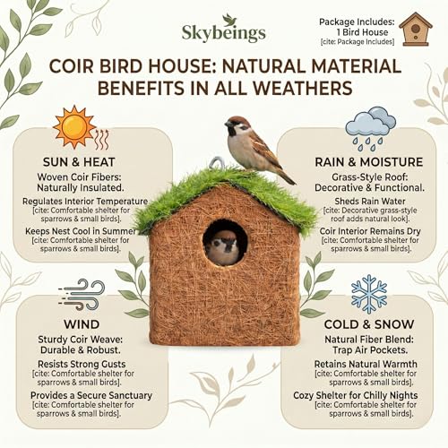 Image of Natural Coir Bird House for Outside, Eco-Friendly Woven Fiber Nesting Box for Sparrows & Small Birds, Decorative Hanging Bird Hut for Garden, Balcony (Pack of 2)