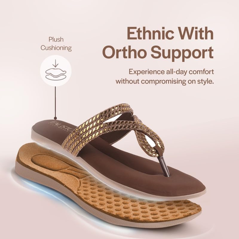 Image of FAUSTO Women T-Strap Slip On Ethnic Sandals with Rhinestone Strap | Wedge Ortho Slip-On Slippers | Perfect for Wedding, Festive Outfits