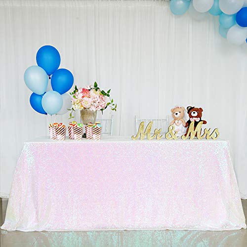 QueenDream 60x102 Inch Sequin Table Cloth White Iridescent Rectangle Sparkly Tablecloth Sequin Overlays