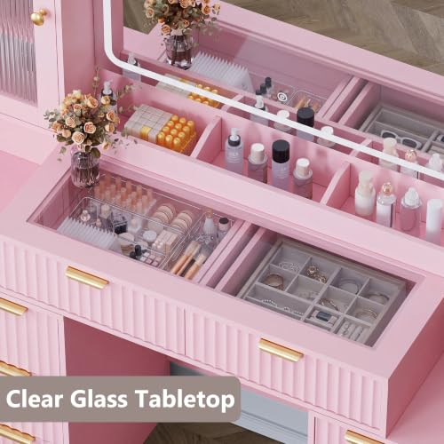 Image of 55 inch Makeup Vanity Desk with Mirror and Lights, Glass Top, Pink | Built-In Charge Station, 8 Drawers Large Storage, RGB Glass Cabinets & LED Mirror, Perfect Bedroom Vanity for Women & Girls