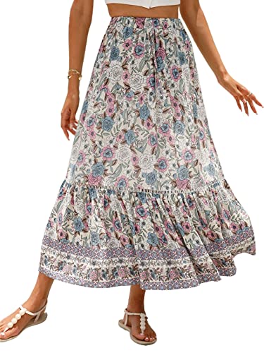 SotRong Falda midi bohemia de verano con estampado floral vintage, faldas gitanas, vestidos largos de verano de cintura alta para vacaciones en la playa, A-Beige, 36