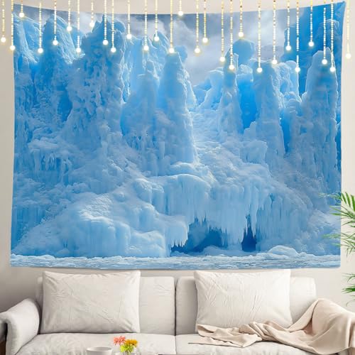 Shrahala Winter Icicle Blue Wall Tapestry, White Mist Snow Scene Wall Hanging Large Tapestry Decoration Polyester Fiber White Hem Around for Dorm Room Bedroom 39.1 x 59.1 in
