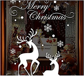 Merry Christmas! Removable Large Decorations Shop Glass Window Wall Sticker Paper Suit, White Reindeer