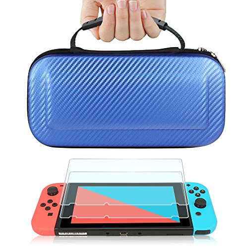 TJS Case for Nintendo Switch with [2 Pack Tempered Glass Screen Protector] Carbon