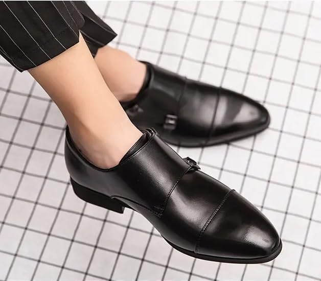 Men's Dress Leather Shoes, Double Strap Monk Buckle, Casual Classic Business Leather Oxford Derby Shoes, Driving, Comfort, Wedding, Party2