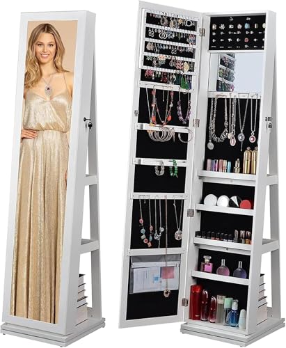 BOSTANA Jewelry Armoire 65' H, Full Length Mirror with Storage 360° Swivel, Lockable Standing...