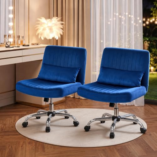 Image of Velvet Criss Cross Desk Chair with Wheels, Luxury Cross Legged Office Office, Swivel Wide Seat Vanity Chair, Armless Adjustable Height Gaming Chair Gift, Dusty (2, Royal Blue)