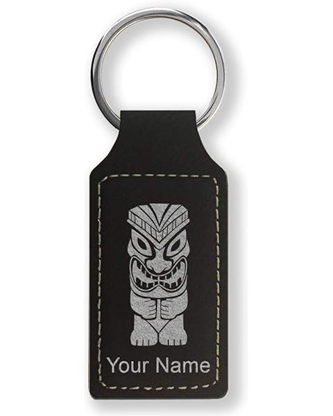 LaserGram Rectangle Keychain, Tiki Statue, Personalized Engraving Included (Black with Silver)