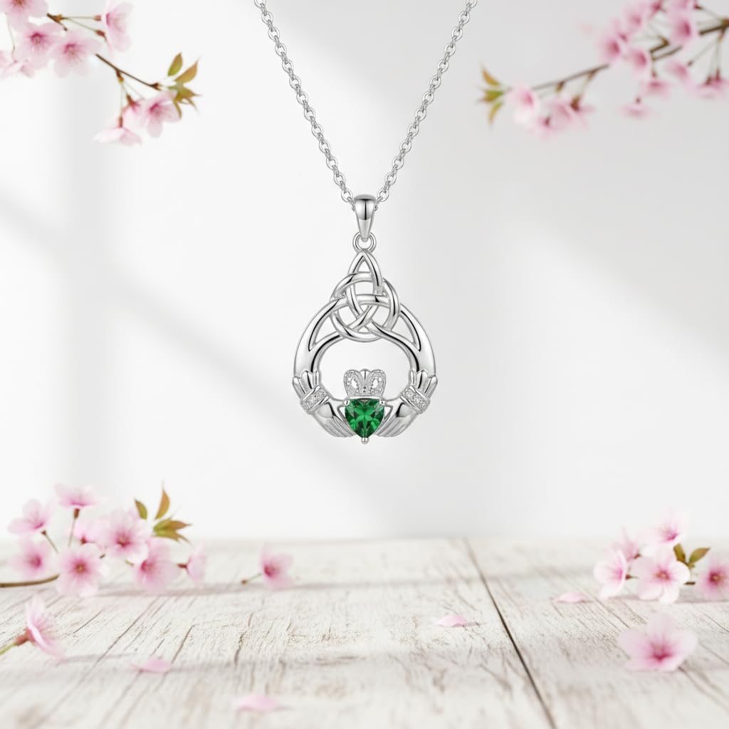 Claddagh Necklace 18K White Gold Plated Celtic Knot Heart Pendant Necklace Irish Jewelry gifts for Women Mom