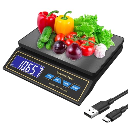Báscula de cocina 30 kg/0,1 g, acero inoxidable, recargable, con USB-C, balanza fina con función de tara y PC, báscula de paquetes para cocina, hornear y gastronomía (negro)