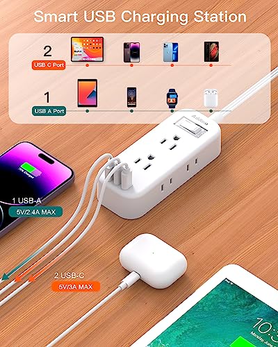 Image of Extension Cord 15ft, Surge Protector, Flat Plug with 6 AC Outlet Extenders, 3 USB Ports (2 USB-C), 1080J, Multiple Sockets,