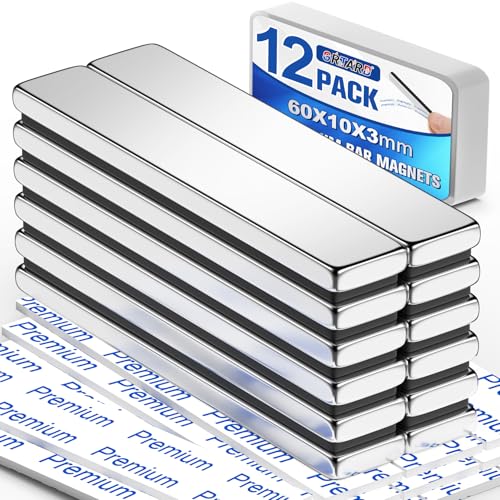 Image of Grtard 12 Pack Powerful Heavy Duty Rare Earth Magnet, 60x10x3mm | Strong Neodymium Bar Magnets with Double-Sided Adhesive, Magnetic Strip for Fridge, Garage, Kitchen, Science, Craft, Office