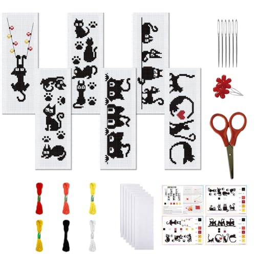 FREEBLOSS 6 Set Cross Stitch Bookmark Kit Stamped Cross Stitch Kit Black Cat Embroidery Set with Instruction for Adults 8''*2.4''