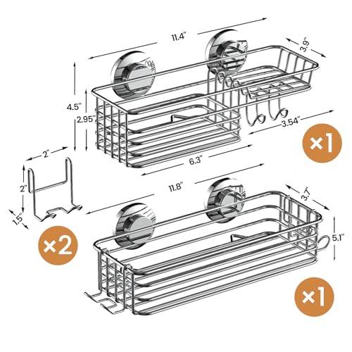 Image of LEVERLOC Shower Caddy Suction Cup, 2 Pack Heavy Duty Bathroom Organizer for Inside Shower with Hooks & Soap holder, Removable and Rustproof Silver bathroom Holder Storage