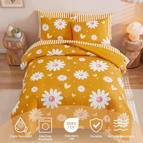 Image of Queen Comforter Set with Sheets for Girls-7 Pieces Soft Queen Bedding Sets | Bed in A Bag Cute Yellow Daisy Printed Comforter with Pillowcases & Shams, 90 inch X 90 inch