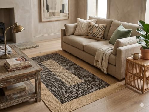 Image of Bhuvan Handloom Natural Cotton Braided - Hand Woven & Reversible for Living Room, Kitchen, Entryway - Cotton Burlap Hallway Braided Farmhouse Rustic Rug (Beige & Black, 3'x5'[Feet], Rectangular)