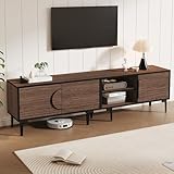 Merax TV-Schrank 180cm, Retro-Stil TV Lowboard mit 3 Kreative Falttüren, Offene Regale, TV-ständer für Fernseher bis zu 80 Zoll, Holz Fernsehschrank für Wohnzimmer und Esszimmer, Dunkle Walnussoptik