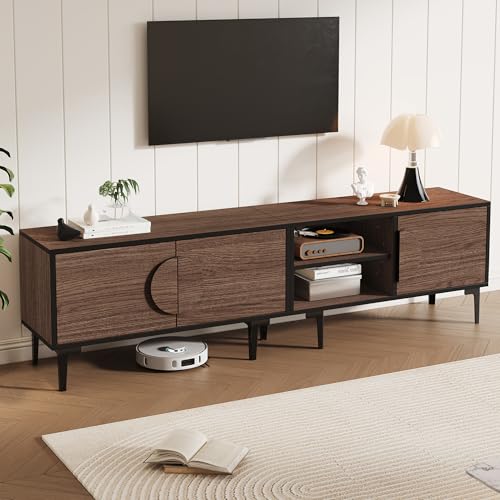 Merax TV-Schrank 180cm, Retro-Stil TV Lowboard mit 3 Kreative Falttüren, Offene Regale, TV-ständer für Fernseher bis zu 80 Zoll, Holz Fernsehschrank für Wohnzimmer und Esszimmer, Dunkle Walnussoptik