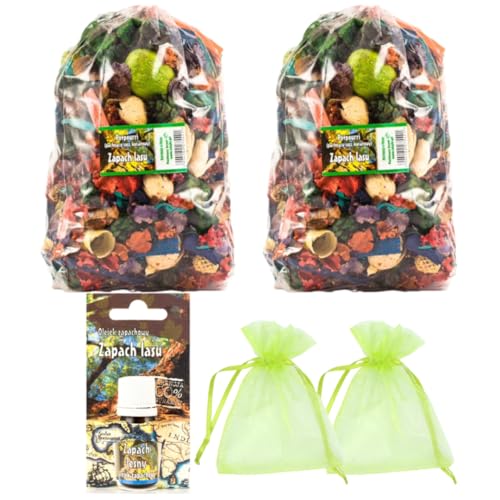 Set de Popurrí con Aroma a Bosque Verde - 2 Bolsas Grandes, 1 Aceite de Fragancia de Bosque, 2 Bolsitas de Organza | Decoración para Otoño y Navidad | Flores Secas para Jarrón, Sala de Estar, Baño