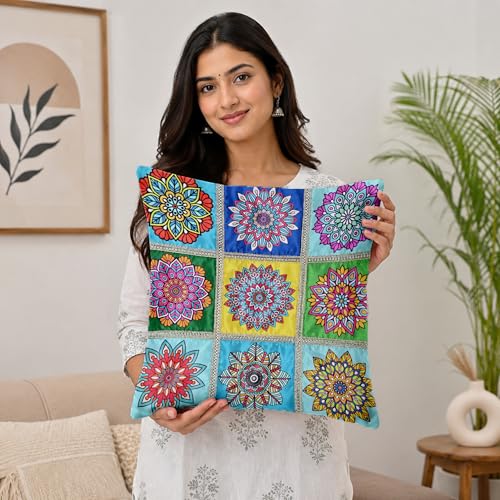 Image of Divine Casa Set of 5 Decorative Cushion Covers 16x16 Inches | Mandala Print Polyester Cushion Covers with Lace Border | Multicolor Sofa Cushion Covers for Home Decor | Multi Yellow