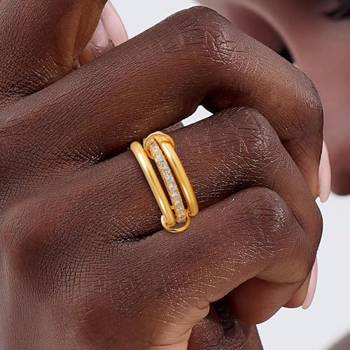 Gold Stackable Rings for Women Non Tarnish, 18K Gold Plated CZ Cubic Zircon Mixed Metals Multi Stack Rings Set Gold Jewelry3