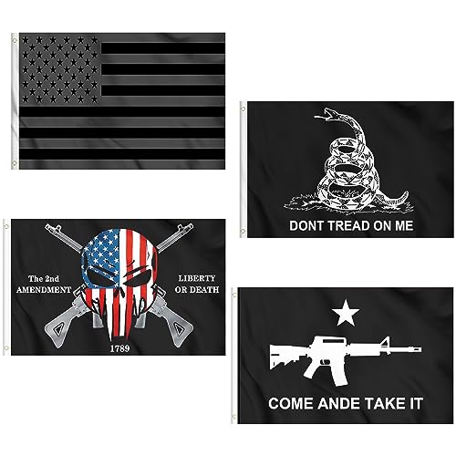 KENPMA 4 Pieces All Black American Flag 3x5 ft - Gadsden Dont Tread On Me Flag - Liberty or Death 2nd Amendment 1789 USA Skull Flags - Come and Take It Flag with Grommets - Printed Polyester
