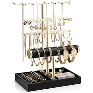 Vlando 3 Tier Jewelry Stand Organizer with Tary, Leather Jewelry Holder Display for Women, Gold Jewlery Holder Display for Necklace, Earring, Bracelet, Rings - Black C.Black 3-Layer