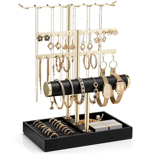 Vlando 3 Tier Jewelry Stand Organizer with Tary, Leather Jewelry Holder Display for Women, Gold Jewlery Holder Display for Necklace, Earring, Bracelet, Rings - Black