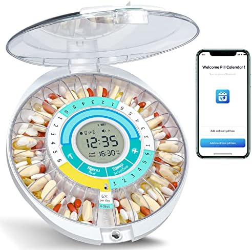 Smart Automatic Pill Dispenser - Bluetooth Automatic Pill Dispenser, 28-Day Monthly Electronic Medication Organizer for Elderly with Alarm, Light, App Alerts, Locking Key for Vitamins & Supplements