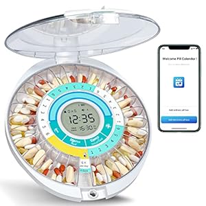 Smart Automatic Pill Dispenser – Bluetooth Automatic Pill Dispenser, 28-Day Monthly Electronic Medication Organizer for Elderly with Alarm, Light, App Alerts, Locking Key for Vitamins & Supplements