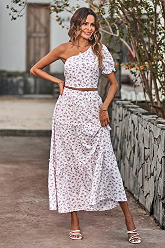 Prettygarden Women's 2 Piece Summer Outftis Casual Floral One Shoulder Crop Top High Waisted Maxi Skirt Set Boho Dress (Floral White,Medium) #TOP7