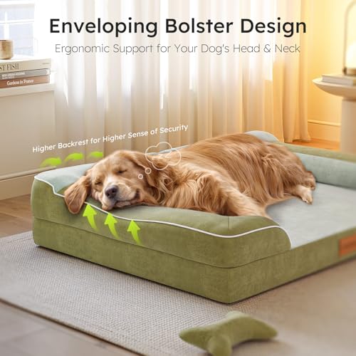 Image of CWAWZ Extra Large Dog Bed, Orthopedic Dog Bed with Cooling Gel Memory Foam, Waterproof XL Pet Bed with Removable Washable Cover, 42 inch Pet Sofa Couch Dutch Velvet with Bone Toy, Dark Green