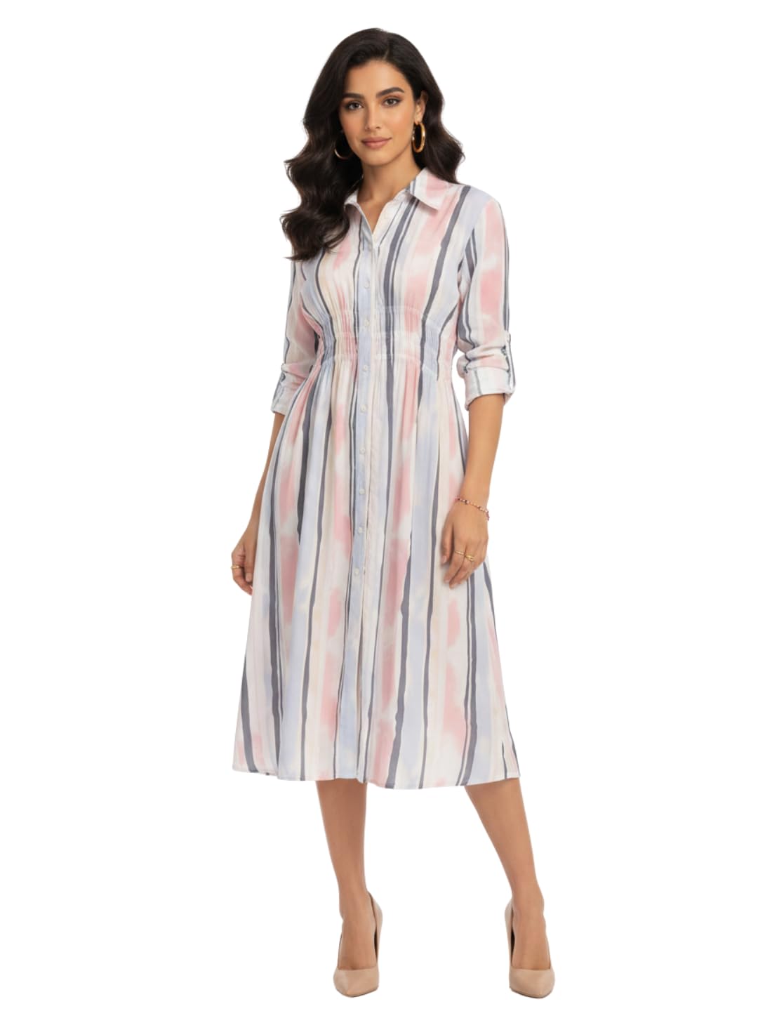 Women's Pink & White Floral Printed 100% Pure Cotton Cambric Shirt Dress with Smocked Waist | Shirt Collar, Long Cuffed Sleeves, Side Pockets | Casual Day Wear, Office & Vacation Wear-picture-24