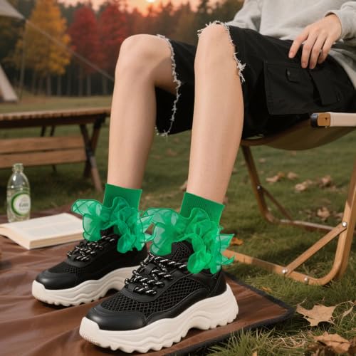 Image of Women Big Ruffle Ankle Socks Adult Double Lace Frilly Turn Cuff Dress Socks Cotton Cute Fancy Bobby Crew Socks