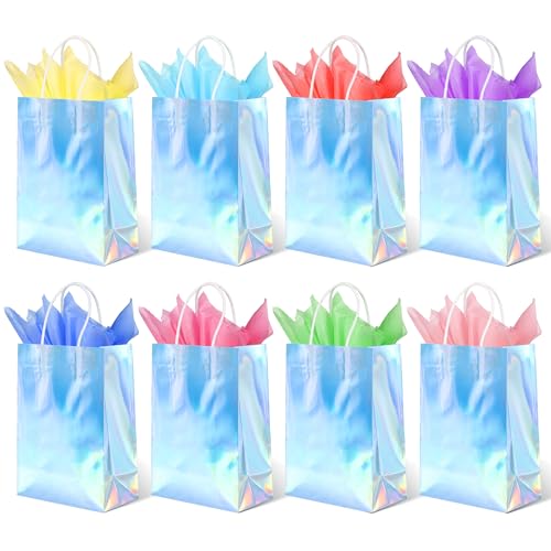BLEWINDZ 32Pcs Small Paper Gift Bags with Tissues, Iridescent Party Favor Bags with Handles, Holographic Silver Gift Bag for Wedding Baby Shower Birthday Party Supplies