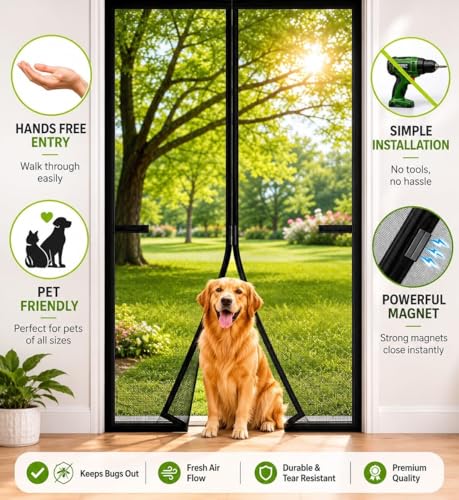 Image of Magnetic Mosquito Screen Door Net Curtain (with Thumb Pins Only (Tape not Included)) Magnets Reinforced Polyester Curtain Back Door Mesh with Insect Control | Insect Repellent Size 7 feet Black Color