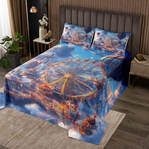 Erosebridal Ferris Wheel Quilt Set Queen Cartoon Amusement Park Bedspread Set for Kids Funny Carousel Coverlet Set Happy Holiday Bedroom Decor Hot Air Balloon Sky Clouds Bed Set