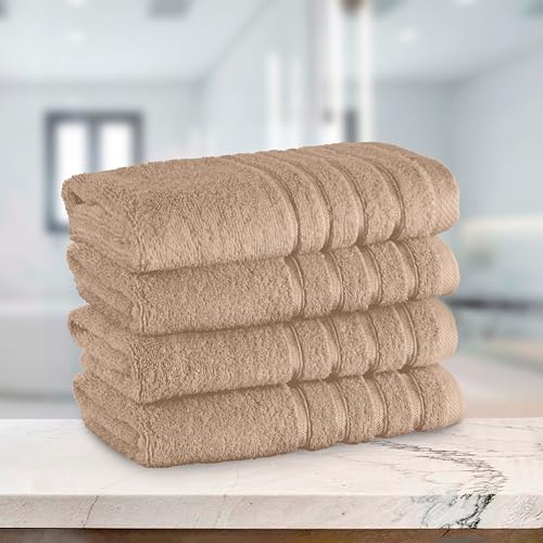 Image of Elegant Comfort 100% Turkish Cotton 4 Lines Viscose Stripe Luxury 4 Pack Hand Towel Set - Ultra Absorbent and Soft 16 x 28 Inch Premium Hotel Spa Quality Towels for Everyday Bath Use, Taupe