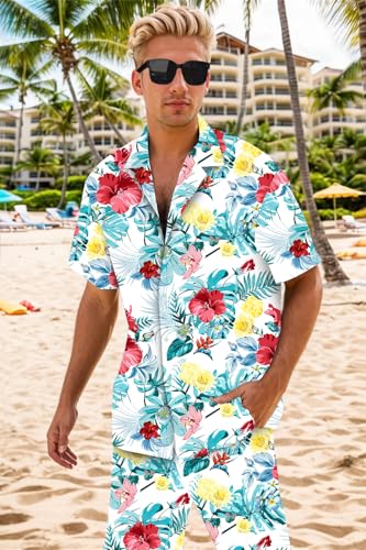 Image of Cromoncent Boy and Men Hawaiian Outfits Short Sleeve Shirts and Shorts Hawaiian Suits Beach Tropical 2 Pcs Vacation Sets