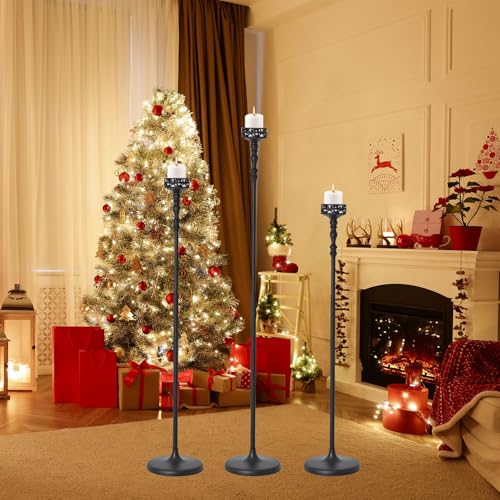 Floor Candle Holder Centerpieces for Tables,3Pcs Black Candle holder for Pillar Candles Matte Metal Candlestick Set for Wedding Party Home Candles Holder for Ceremony Mantel Decor (Adjustable Height)