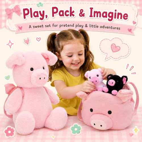 Image of Pig Stuffed Animal with 2 Babies and Backpack, 21 Inch Pink Plush