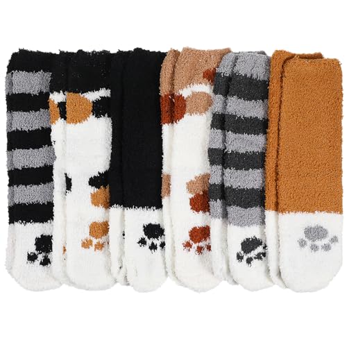 Abeillo 6 Paar Kuschelsocken Damen,Süße Katzensocken aus Korallenfleece,Dicke Warme Wintersocken Haussocken,Katzenpfoten Schlafsocken für Winter,Weihnachten