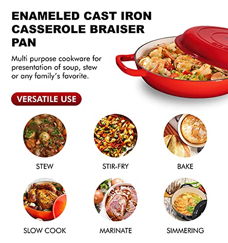 Bruntmor 3.8 Quart Enamel Cast Iron Dutch Oven With Handles And Lid, 3.8 Qt Gradient Red Cast Iron Skillet, Enamel Shallow Cookware Braising Pan For Casserole Dish, Crock Pot Covered With Cast Iron #TOP3