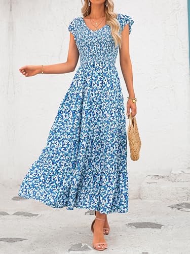 Mascomoda Womens Long Summer Maxi Dresses Causal V Neck Short Sleeve Smocked Floral Dress Tiered Beach Party Sundress thumb #3