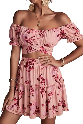 Image of LYANER Women's 2 Piece Outfits Floral Off Shoulder Tie Up Crop Top and Mini Skirt Set