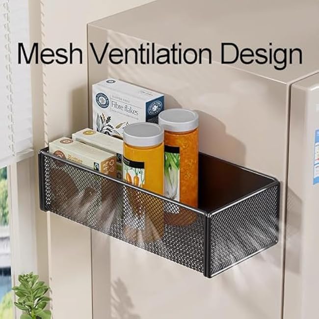 WUWEOT 2 Pack Magnetic Basket Fridge Side Organizers, Strong Magnetic Spice Rack, Metal Wire Mesh Shelf for Refrigerator, Kitchen Counter, Cabinet and Oven