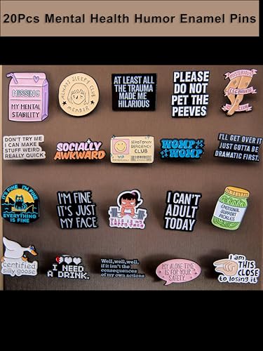 Mental Health Humor Enamel Pins Set – Funny & Relatable Pins for Anxiety, Burnout, Depression, Self-Awareness – Collectible Metal Lapel Pins for Backpacks, Jackets, Gifts – 20-Pack2