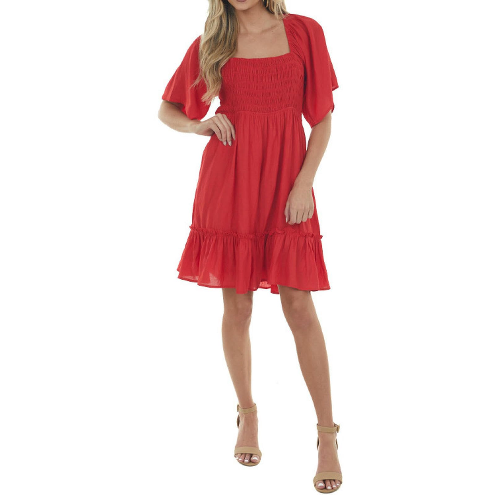 Robe plissée col carré en taille XL avec manches courtes d'été