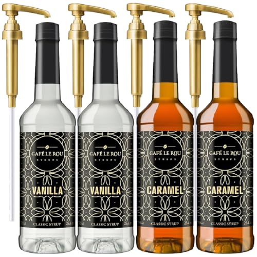 Image of NEW Vanilla & Caramel Coffee Syrup, 2 Bottles each (25.4oz)*Includes 4 Coffee Syrup Dispensers*Flavoring Syrups for Coffee, Tea and Espresso