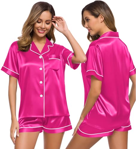 Image of SWOMOG Womens Silk Satin Pajamas Set Short Sleeve Sleepwear Button Down Top and Shorts Loungewear 2 Piece Pjs Set XS-3XL